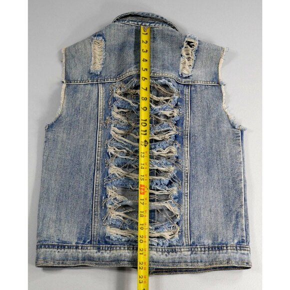 Trucker Denim Punk Vest Distressed w Chains ChiQle Denim Architect Womens Medium - Picture 8 of 9